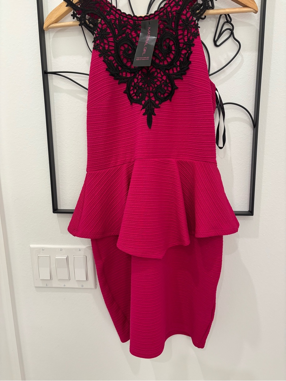 Material Girl Hot Pink Mini Dress with Black Lace Yoke